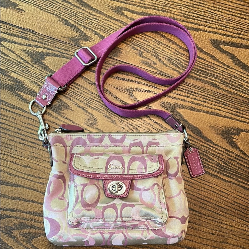 Coach Pink and Tan Crossbody Bag with Signature Monogram
